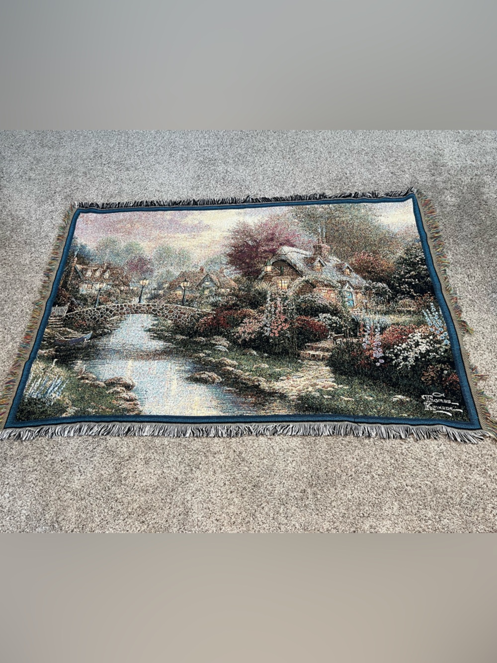 Vintage Thomas Kinkade Cottage River Tapestry - Blue, Green, Brown, Cream